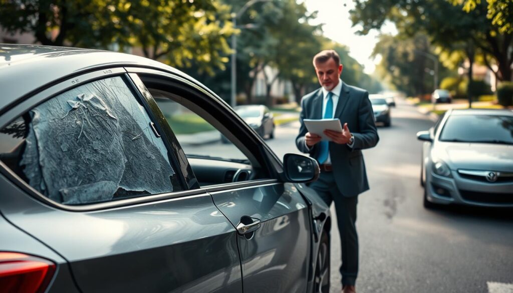 A detailed and realistic depiction of a typical full coverage car insurance damage scenario. In the foreground, a damaged car shows visible scratches and dents on the passenger side, specifically around the door and fender areas. The middle ground features a professional insurance adjuster, wearing a business suit, carefully assessing the damage with a clipboard in hand. The background includes a suburban street scene with a few other parked vehicles and trees lining the street, under soft, natural daylight that casts gentle shadows. The mood is serious yet constructive, emphasizing professionalism and thoroughness in the assessment of car damage. The angle is slightly elevated, providing a comprehensive view of the subject matter without any distractions or text. A detailed and realistic depiction of a typical full coverage car insurance damage scenario. In the foreground, a damaged car shows visible scratches and dents on the passenger side, specifically around the door and fender areas. The middle ground features a professional insurance adjuster, wearing a business suit, carefully assessing the damage with a clipboard in hand. The background includes a suburban street scene with a few other parked vehicles and trees lining the street, under soft, natural daylight that casts gentle shadows. The mood is serious yet constructive, emphasizing professionalism and thoroughness in the assessment of car damage. The angle is slightly elevated, providing a comprehensive view of the subject matter without any distractions or text.