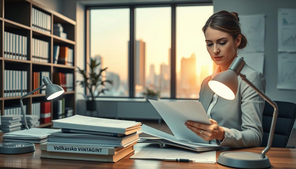 A detailed office setting focused on evaluating insurance claims, featuring a professional desk with neatly organized files labeled "Vollkaskoversicherung," surrounded by a modern bookcase filled with legal texts. In the foreground, a serious businesswoman in professional attire examines documents under the soft glow of a desk lamp, her expression concentrated and analytical. In the middle ground, a large window reveals a cityscape bathed in warm morning light, creating a contrast between the inside's cool tones and the outside's warm hues. The background shows abstract charts and graphs on the walls, symbolizing legal frameworks and assessment procedures. The overall atmosphere is focused, professional, and conducive to serious evaluations, inviting viewers to engage with the concepts of legal insurance assessments.
