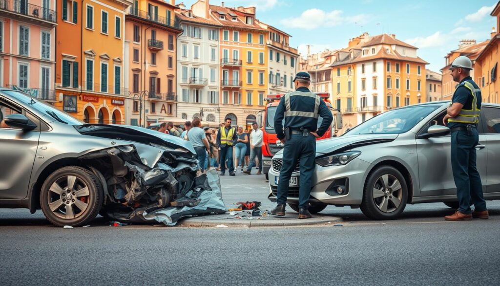 A detailed scene depicting a traffic accident scene in Italy, showcasing common types of full coverage car damages. In the foreground, two vehicles have collided at a small intersection, with visible dents, shattered glass, and deployed airbags. Nearby, a uniformed traffic officer inspects the damage, wearing a professional uniform. In the middle ground, a small crowd of onlookers observes, while a tow truck is positioned to assist. The background features classic Italian architecture, with colorful buildings and a blue sky adding vibrancy. Soft, natural daylight highlights the scene, creating a realistic atmosphere while conveying the seriousness of the situation. Capture this moment from a slightly elevated angle to provide a comprehensive view.