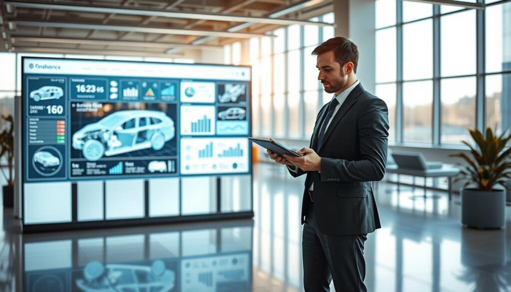 A modern office environment showcasing digital vehicle damage assessment in the automotive insurance sector. In the foreground, a professional in business attire uses a tablet, examining detailed digital reports and 3D visuals of a damaged car. The middle ground features a large digital screen displaying an interactive interface with statistics, images, and analysis tools. The background reveals a sleek, minimalistic office design with large windows allowing natural light to flood the space, creating a bright and inspiring atmosphere. The scene should convey a sense of efficiency and technological advancement, highlighting the transformation of the claims process through digitalization. Use warm, inviting lighting to enhance the professional yet approachable mood.