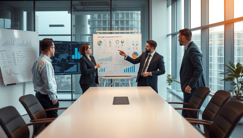 A modern office scene focused on "technical plausibility" in an IT setting. In the foreground, a diverse team of professionals in business attire—two men and a woman—are gathered around a sleek conference table. They are engaged in a discussion, pointing at a large screen displaying complex data and digital graphs related to damage assessment and IT verification. In the middle ground, a whiteboard filled with charts and technical notes adds depth to the environment. The background shows a contemporary office space with large windows letting in natural light, creating an atmosphere of clarity and focus. The overall mood is one of collaboration and analytical rigor, with warm lighting accentuating the professionalism of the scene. Use a wide-angle lens to capture the entire setting.