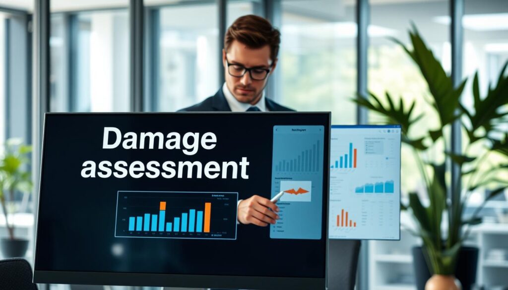 A modern office workspace showcasing "damage assessment software" on a sleek computer screen in the foreground. The screen displays a user-friendly interface with graphs, charts, and data analysis. In the middle ground, a professional businessperson in smart attire interacts with the software, analyzing data with a focused expression. The background features a contemporary office with glass walls, large windows letting in natural light, and green plants for a refreshing atmosphere. Soft, diffused lighting creates an inviting and productive mood, emphasizing clarity and professionalism. The overall composition should convey efficiency and innovation in damage assessment solutions, capturing the essence of a modern workplace without any text or distractions.