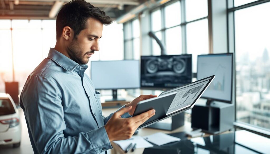 A professional damage assessor in a modern office, wearing business attire, analyzing a vehicle's full coverage damage report on a sleek tablet. In the foreground, the assessor is focused, with a thoughtful expression, examining technical documentation and diagrams. The middle layer features a large, well-lit workspace with a desktop computer displaying detailed schematics of car components. In the background, a large window reveals a cityscape, indicating a busy urban environment, while soft natural light filters in, creating an atmosphere of professionalism and collaboration. The mood is serious yet productive, emphasizing the essential partnership between insurers and inspection services in managing vehicle damages effectively.