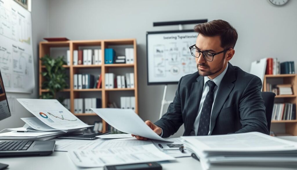 A professional expert meticulously analyzing technical documents related to full coverage insurance claims in IT. In the foreground, a focused individual in business attire, wearing glasses, is seated at a modern desk filled with reports and digital devices. The middle ground features a whiteboard covered with diagrams and flowcharts, illustrating concepts of training and evaluation processes for assessors. In the background, bookshelves lined with technical manuals and industry publications set the scene. Soft, diffused lighting creates a calm and focused atmosphere, capturing the essence of a serious academic environment. The angle is slightly overhead to provide a comprehensive view of the workspace, emphasizing the expert’s dedication and professionalism.