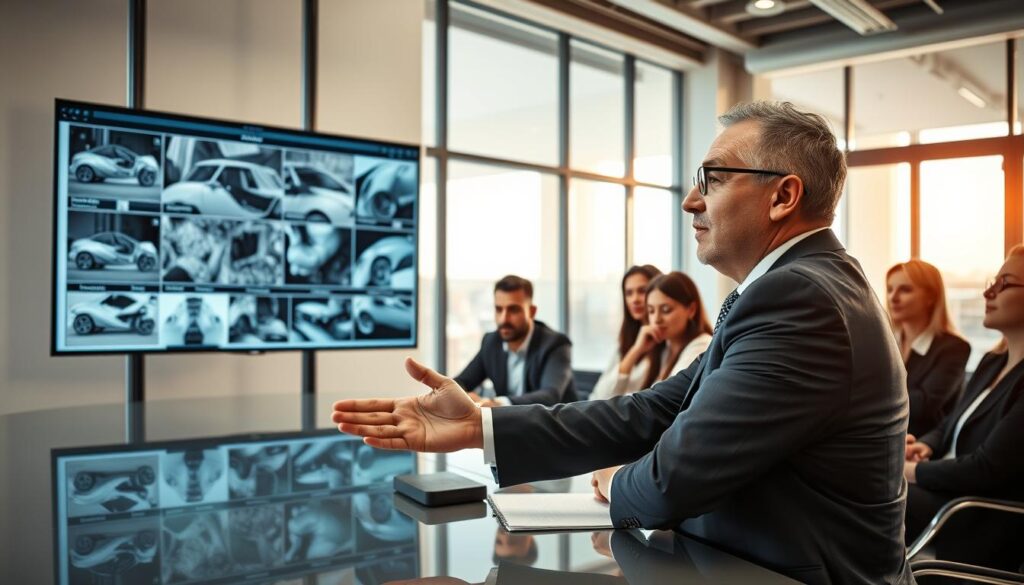 A professional meeting setting in Italy where a diverse group of individuals is gathered around a sleek conference table. In the foreground, a middle-aged Italian man in a tailored suit is sharing his feedback, animatedly pointing at a large screen displaying various images of technical damage assessments. The middle ground features attentive colleagues, male and female, taking notes and engaging in discussion, all dressed in business attire. The background showcases a modern office with large windows, letting in warm, natural light that highlights the thoughtful expressions on their faces. The atmosphere is focused and collaborative, conveying a sense of shared experience and constructive dialogue about customer feedback and repair processes.