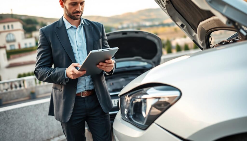 A professional scene depicting an expert in car accident assessments in Italy. In the foreground, a well-dressed consultant in a tailored suit stands beside a damaged vehicle, meticulously documenting the damage with a clipboard and a digital tablet. The middle ground features an open vehicle hood and close-up details of the car's dented fender, emphasizing the extent of the damage. In the background, a scenic Italian landscape with rolling hills and classic architecture creates a serene atmosphere, while soft, natural lighting highlights the scene, suggesting a late afternoon setting. The angle should focus slightly from above, capturing the expert’s detailed work and the vehicle damage together, evoking a mood of professionalism and thoroughness.