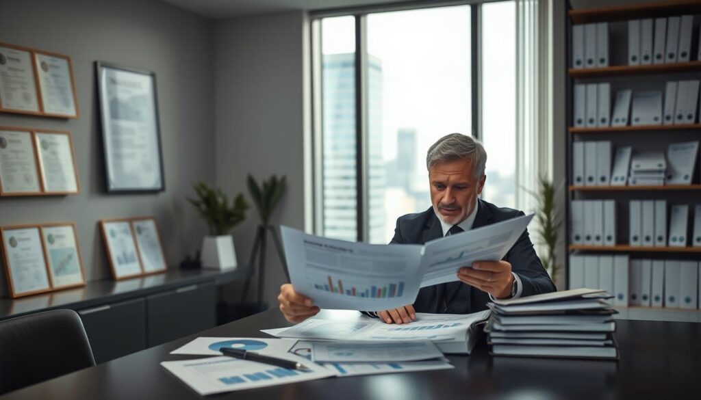 A professional scene depicting an insurance expert analyzing a detailed report on Vollkaskoversicherung, set in a modern office. In the foreground, a middle-aged man in professional business attire, focused and engaged, examines documents on a sleek desk. The middle ground features a large window revealing a cityscape, with soft natural light filtering in, illuminating charts and graphs scattered on the desk. In the background, shelves lined with neatly organized insurance books and certificates convey a sense of expertise. The atmosphere is serious yet approachable, suggesting a collaborative environment where knowledge and affirmation are crucial. The image is captured with a slight depth of field, highlighting the expert in sharp focus while softly blurring the details behind him. A professional scene depicting an insurance expert analyzing a detailed report on Vollkaskoversicherung, set in a modern office. In the foreground, a middle-aged man in professional business attire, focused and engaged, examines documents on a sleek desk. The middle ground features a large window revealing a cityscape, with soft natural light filtering in, illuminating charts and graphs scattered on the desk. In the background, shelves lined with neatly organized insurance books and certificates convey a sense of expertise. The atmosphere is serious yet approachable, suggesting a collaborative environment where knowledge and affirmation are crucial. The image is captured with a slight depth of field, highlighting the expert in sharp focus while softly blurring the details behind him.