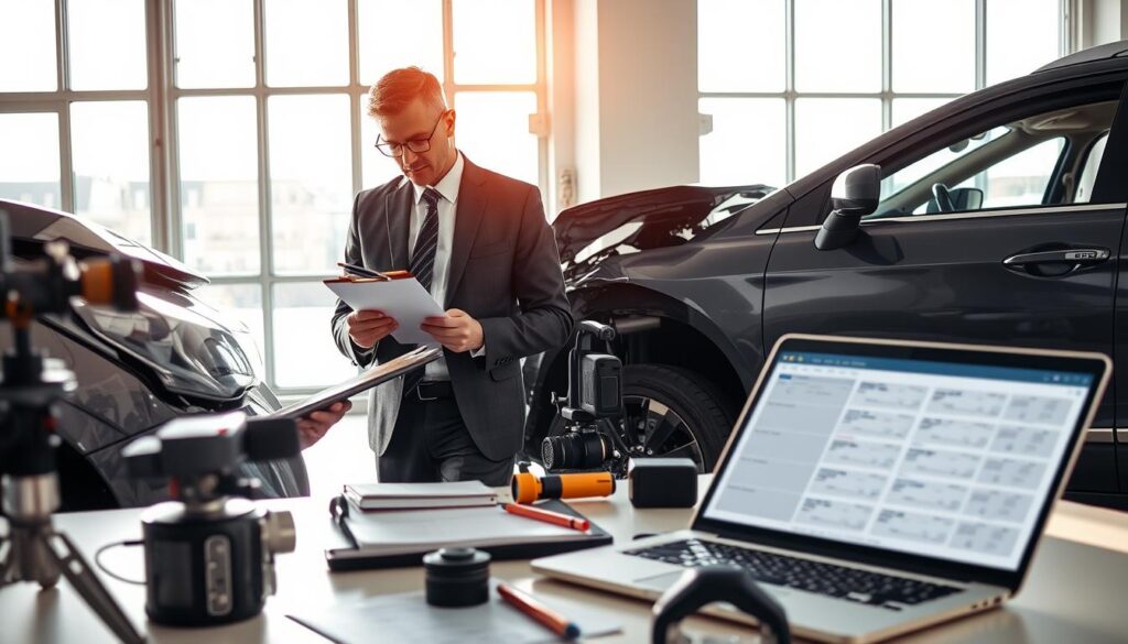 A professional setting depicting the process of damage inspection. In the foreground, a focused investigator in smart business attire examines a damaged vehicle, using a clipboard and pen to take detailed notes. In the middle, a well-organized workspace shows tools and equipment like cameras and measuring devices, with an open laptop displaying detailed reports about the inspection. The background features a large window allowing natural light to pour in, creating a bright and clear atmosphere, emphasizing transparency and precision. The image should reflect a professional and analytical mood, with sharp focus and a slightly elevated angle to enhance the clarity of details in the scene. A professional setting depicting the process of damage inspection. In the foreground, a focused investigator in smart business attire examines a damaged vehicle, using a clipboard and pen to take detailed notes. In the middle, a well-organized workspace shows tools and equipment like cameras and measuring devices, with an open laptop displaying detailed reports about the inspection. The background features a large window allowing natural light to pour in, creating a bright and clear atmosphere, emphasizing transparency and precision. The image should reflect a professional and analytical mood, with sharp focus and a slightly elevated angle to enhance the clarity of details in the scene.