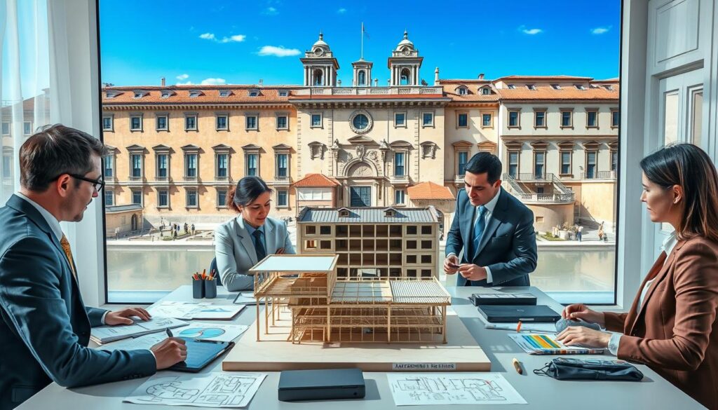 A professional setting illustrating the steps of damage assessment, focusing on an Italian architectural background with elements of traditional style. In the foreground, a diverse group of business professionals in formal attire engaged in a discussion around a large table filled with assessment documents, diagrams, and digital tablets. In the middle, a detailed view of an architectural model showing structural details, highlighting points of concern. The background features an elegant Italian cityscape with historical buildings under a clear blue sky. The lighting is bright, evoking a productive atmosphere, with soft shadows adding depth. The composition is shot from a slightly elevated angle, emphasizing the collaborative effort and focus on damage evaluation.