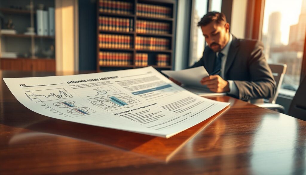 A sleek office environment featuring a detailed insurance assessment report prominently displayed on a polished wooden desk. In the foreground, the focus is on a close-up of the report showing intricate diagrams and notes about full comprehensive damage assessments, with clear annotations. The middle ground features a professional, well-dressed businessperson analyzing the report with a concerned yet determined expression, using a pen to make notes. The background includes shelves lined with legal texts and case files, conveying a sense of professionalism and order. Soft, warm lighting fills the room, casting gentle shadows, and a slightly blurred cityscape is visible through large windows, emphasizing the importance of timely assessments in dispute resolution. The mood is serious yet hopeful, reflecting the process of achieving resolution through detailed documentation.