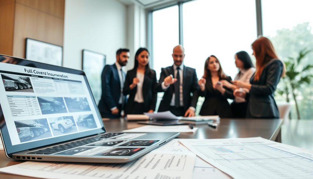 A well-organized office setting focusing on automobile insurance documentation. In the foreground, a detailed close-up of neatly arranged papers showing images and claims of full coverage car damage. An open laptop displays a spreadsheet with calculations and assessments. In the middle ground, a diverse group of professionals, dressed in smart business attire, are engaged in a discussion around the table, pointing at the documentation with pens in hand. The background features a large window allowing natural light to flood the room, enhancing the professional atmosphere. A modern aesthetic with minimalist decor emphasizes a sense of efficiency and purpose, as the mood is serious yet collaborative, capturing the essence of thorough documentation practices. A well-organized office setting focusing on automobile insurance documentation. In the foreground, a detailed close-up of neatly arranged papers showing images and claims of full coverage car damage. An open laptop displays a spreadsheet with calculations and assessments. In the middle ground, a diverse group of professionals, dressed in smart business attire, are engaged in a discussion around the table, pointing at the documentation with pens in hand. The background features a large window allowing natural light to flood the room, enhancing the professional atmosphere. A modern aesthetic with minimalist decor emphasizes a sense of efficiency and purpose, as the mood is serious yet collaborative, capturing the essence of thorough documentation practices.